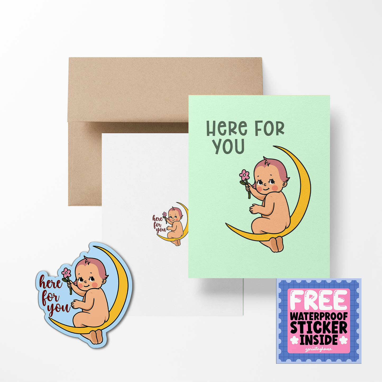 Greeting card with envelope and stickers featuring a baby on a moon design.