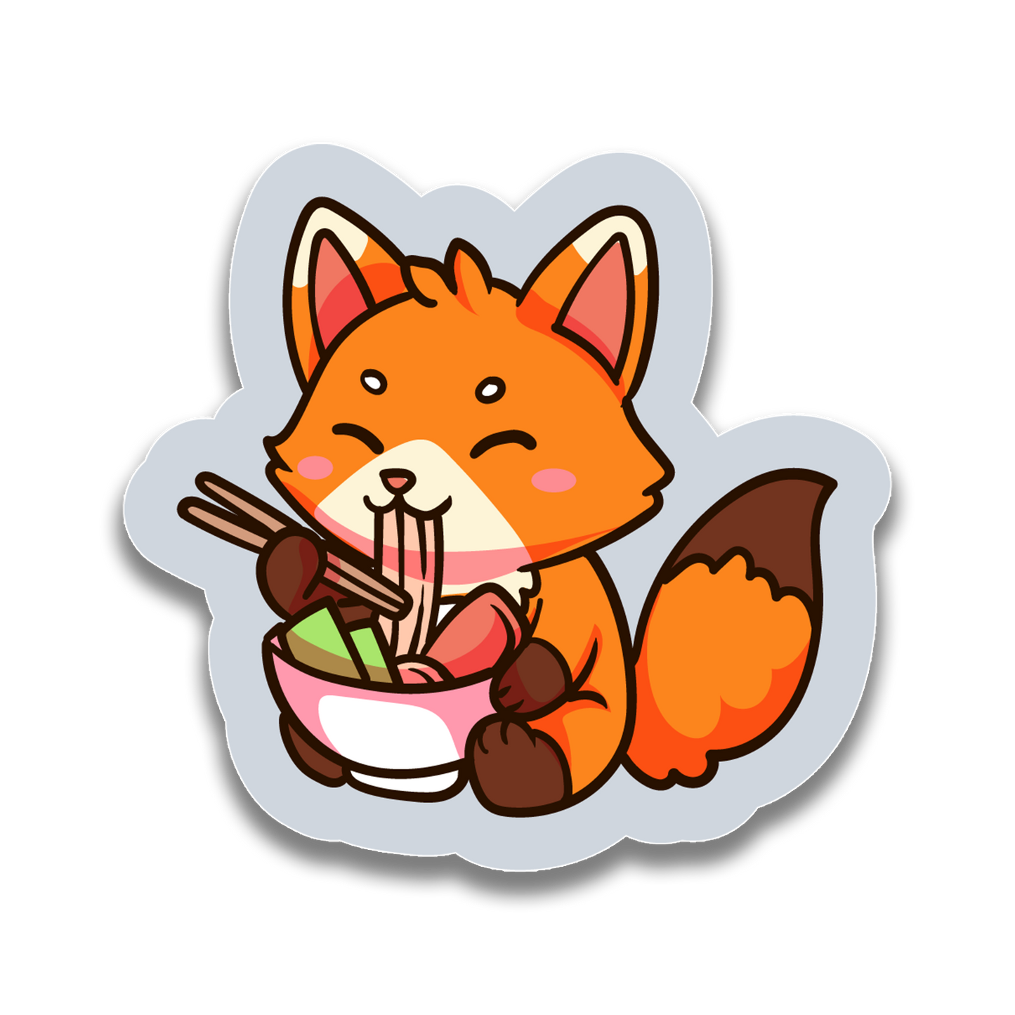 Cartoon fox eating ramen with chopsticks on a white background