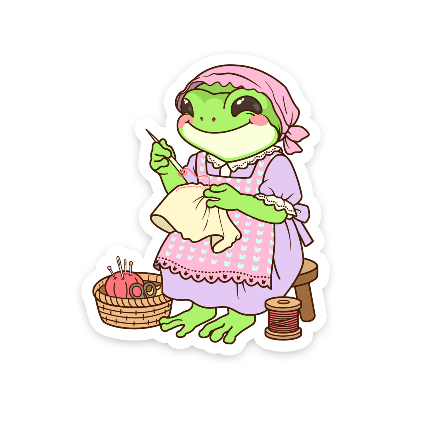 Cute Frog Tailor With Pink Pincushion - Sewing Animals Sticker