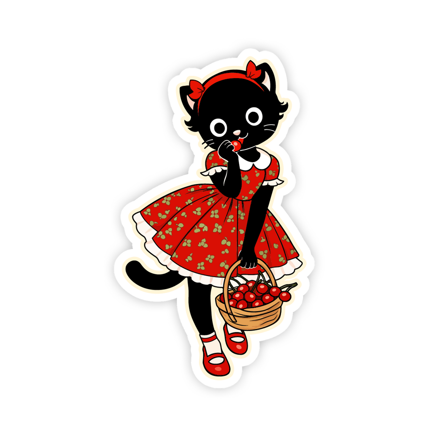 Sticker of a black cat in a red dress holding a basket of cherries on a white background