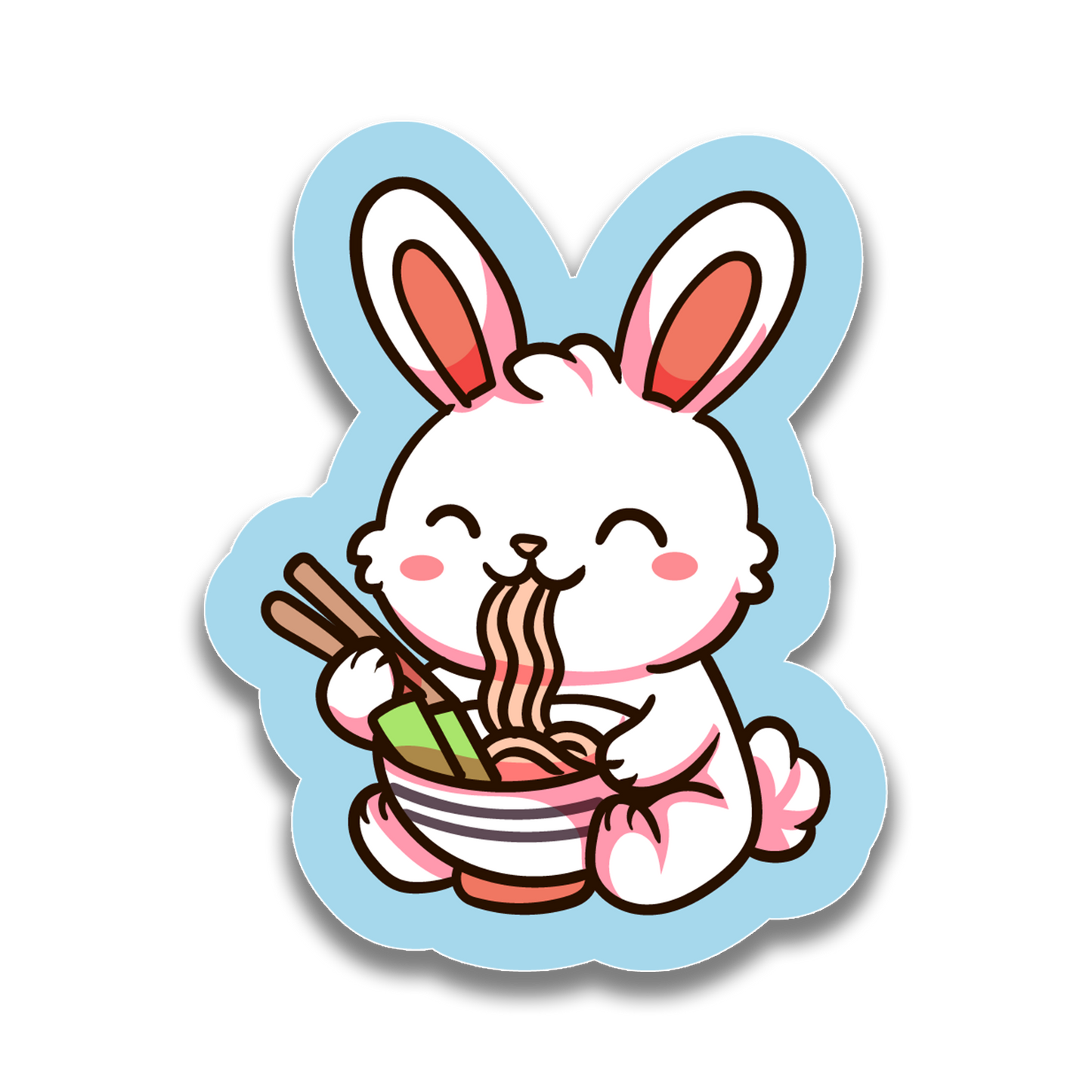 Sticker of a cartoon rabbit eating ramen with chopsticks on a light blue background