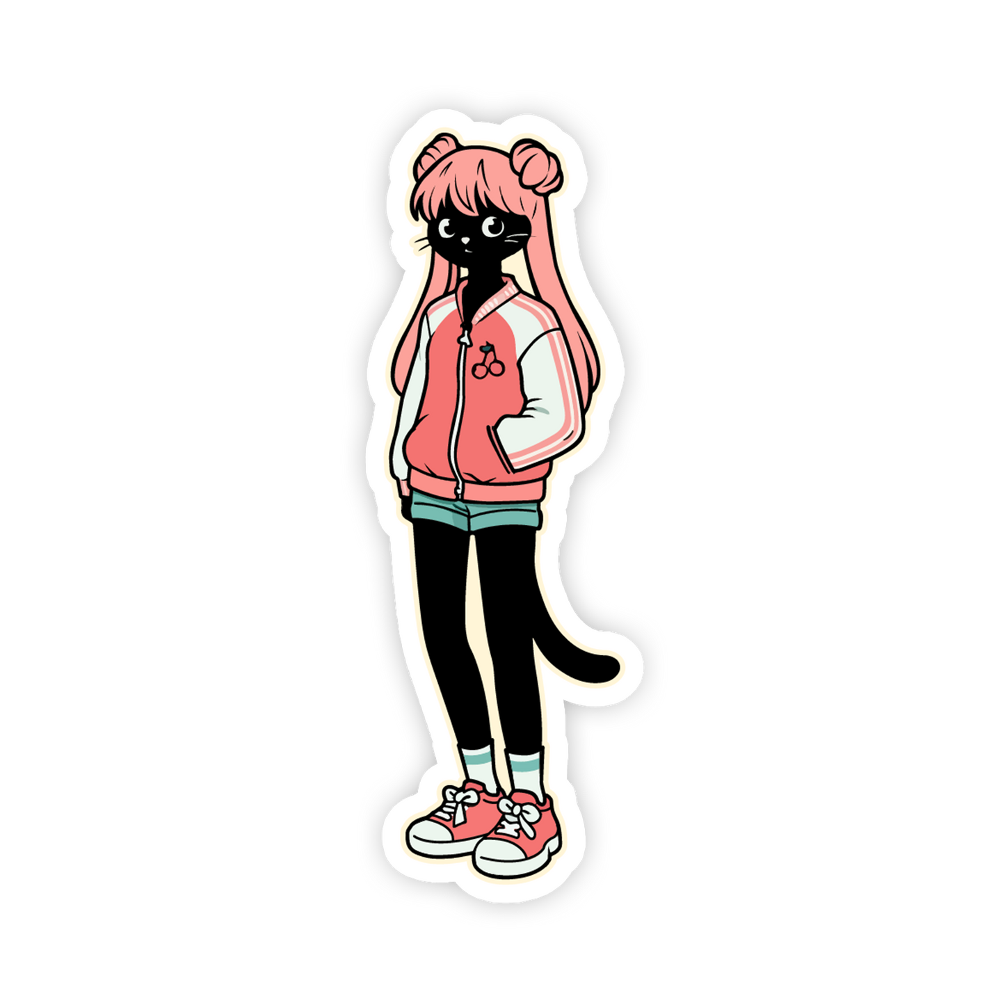 Cartoon character with pink hair and a pink jacket on a white background
