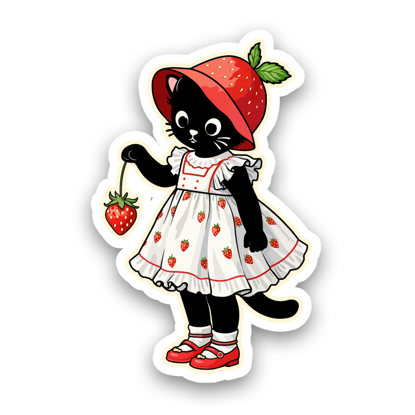 Sticker of a black cat in a strawberry-themed outfit on a white background