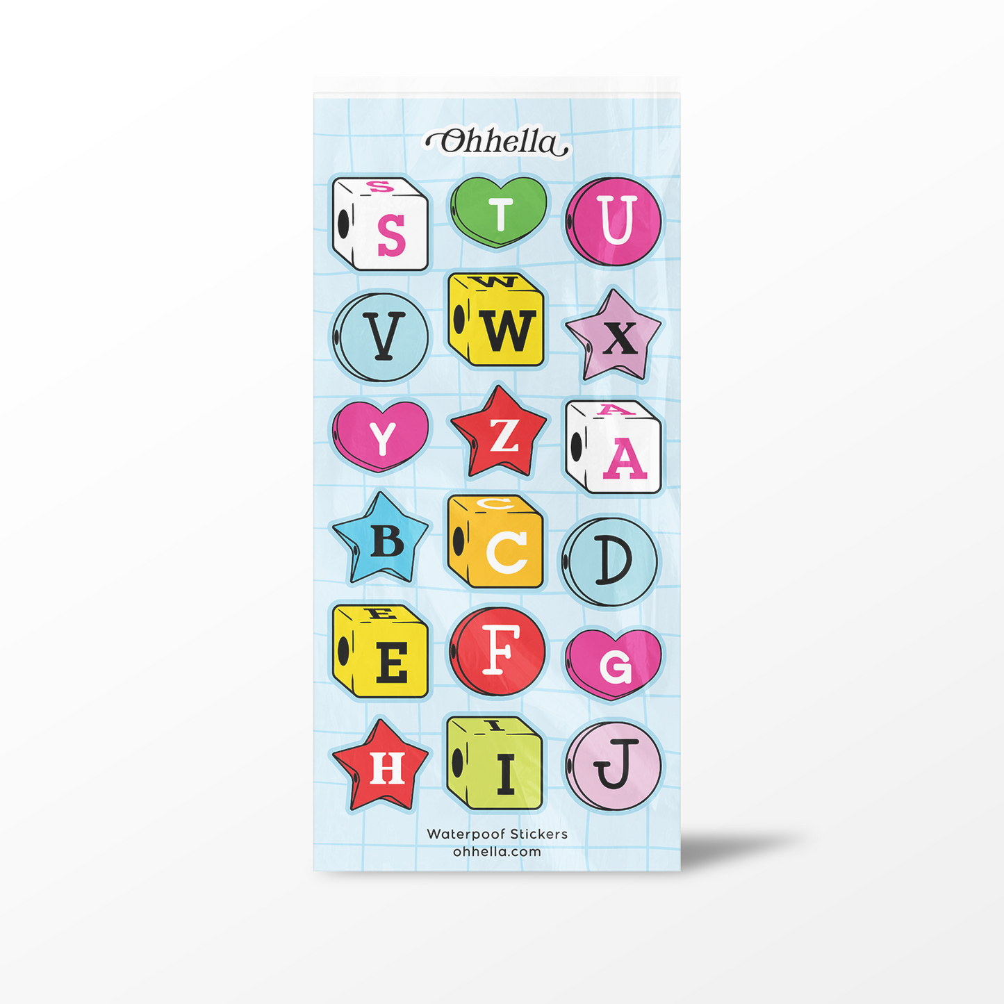 Pack of alphabet stickers with colorful letters on a light blue background