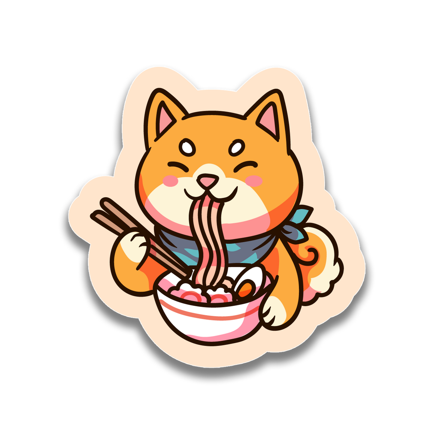 Cartoon dog eating noodles with chopsticks on a white background