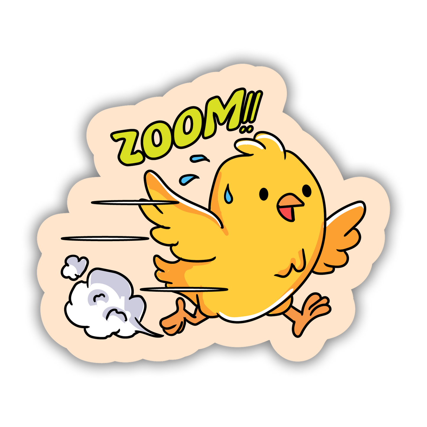 Cartoon duck with a cloud and 'ZOOM!!' text on a beige background