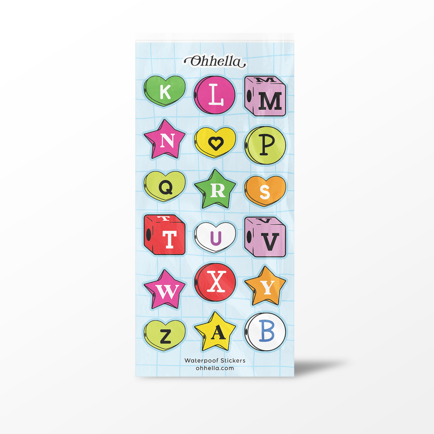 Pack of colorful alphabet and number stickers on a blue grid background with 'Ohhella' branding.