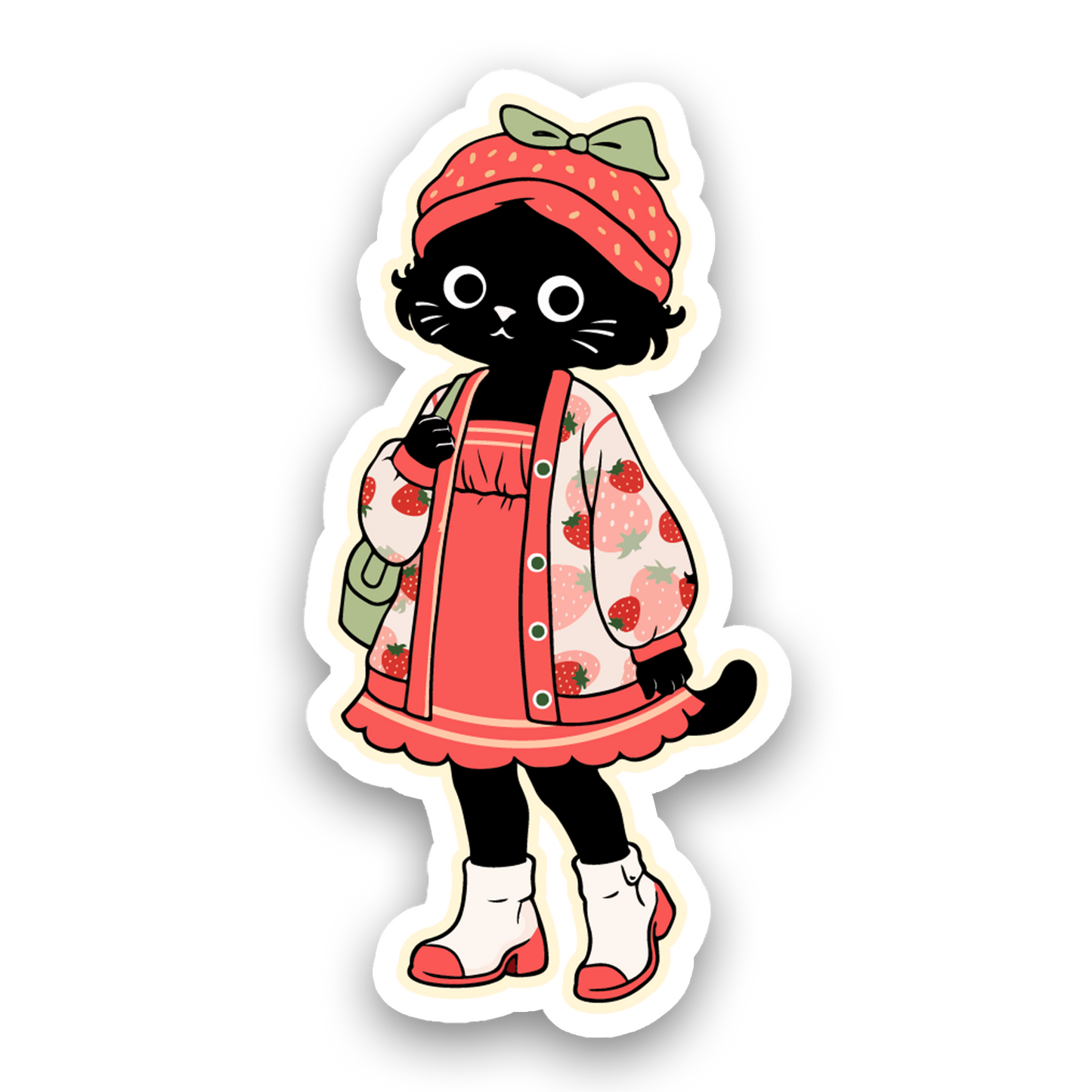 Sticker of a black cat character wearing a red outfit with a strawberry pattern on a white background