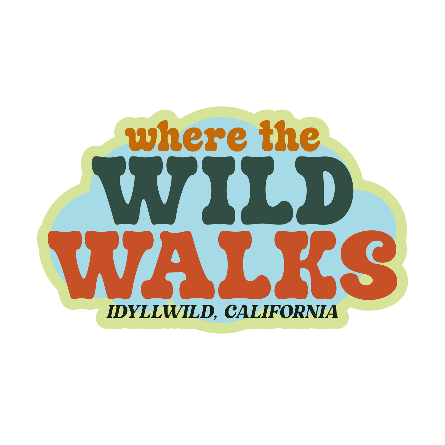 Sticker with 'Where the Wild Walks Idyllwild, California' text on a white background