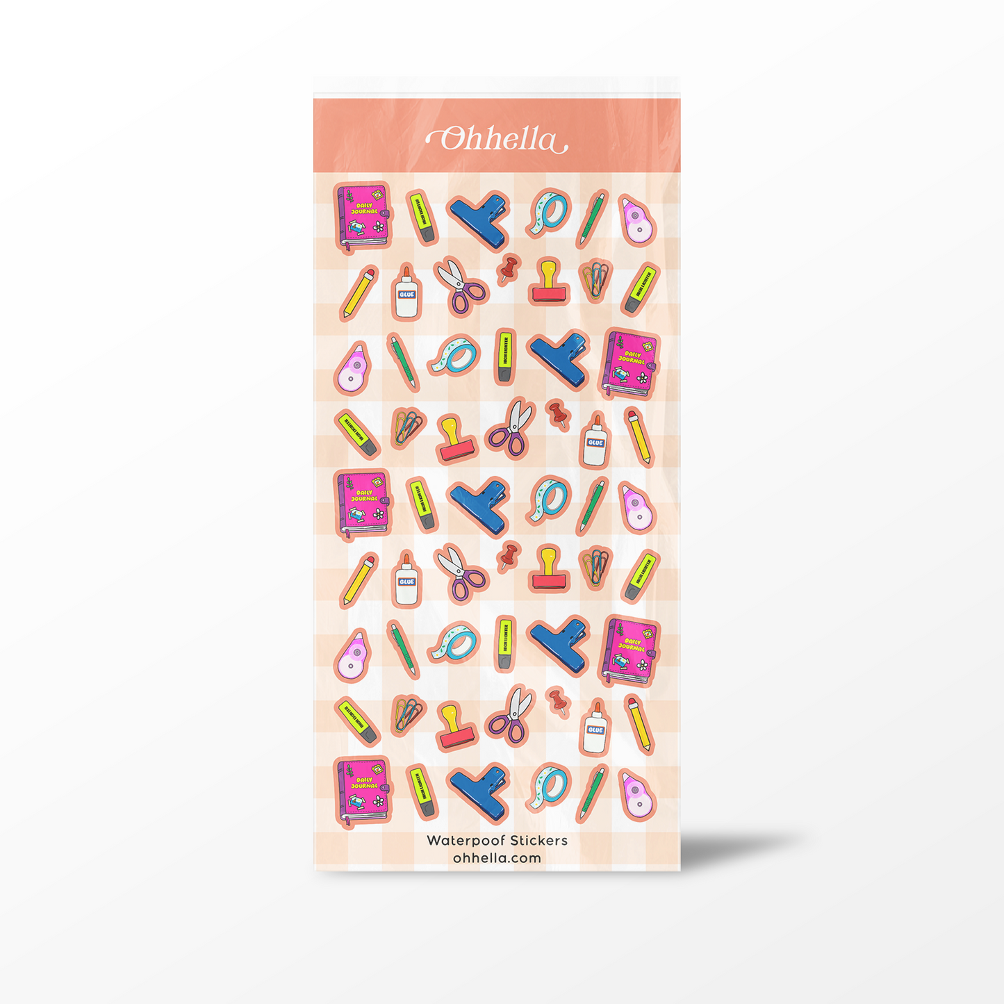 Sheet of colorful stationery-themed stickers with 'Ohhella' branding on a white background.