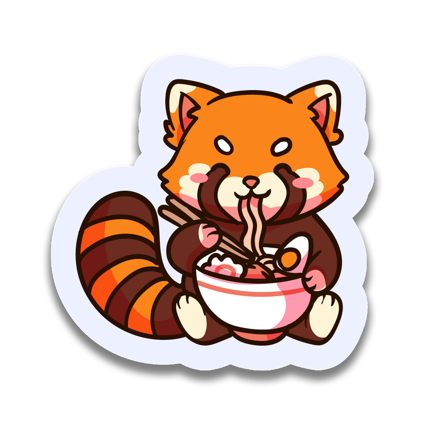 Cartoon red panda eating noodles with chopsticks from a bowl on a white background