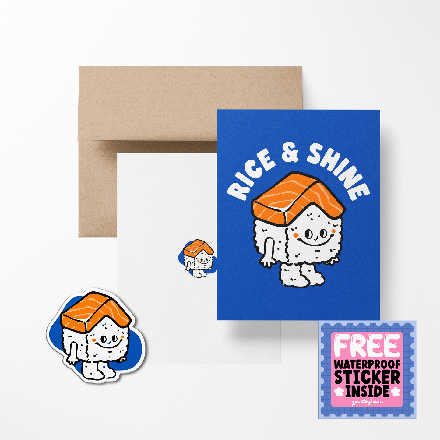 A greeting card with a cute food-themed illustration, featuring a character made of rice with a shining crown, accompanied by a sticker, envelope, and packaging.