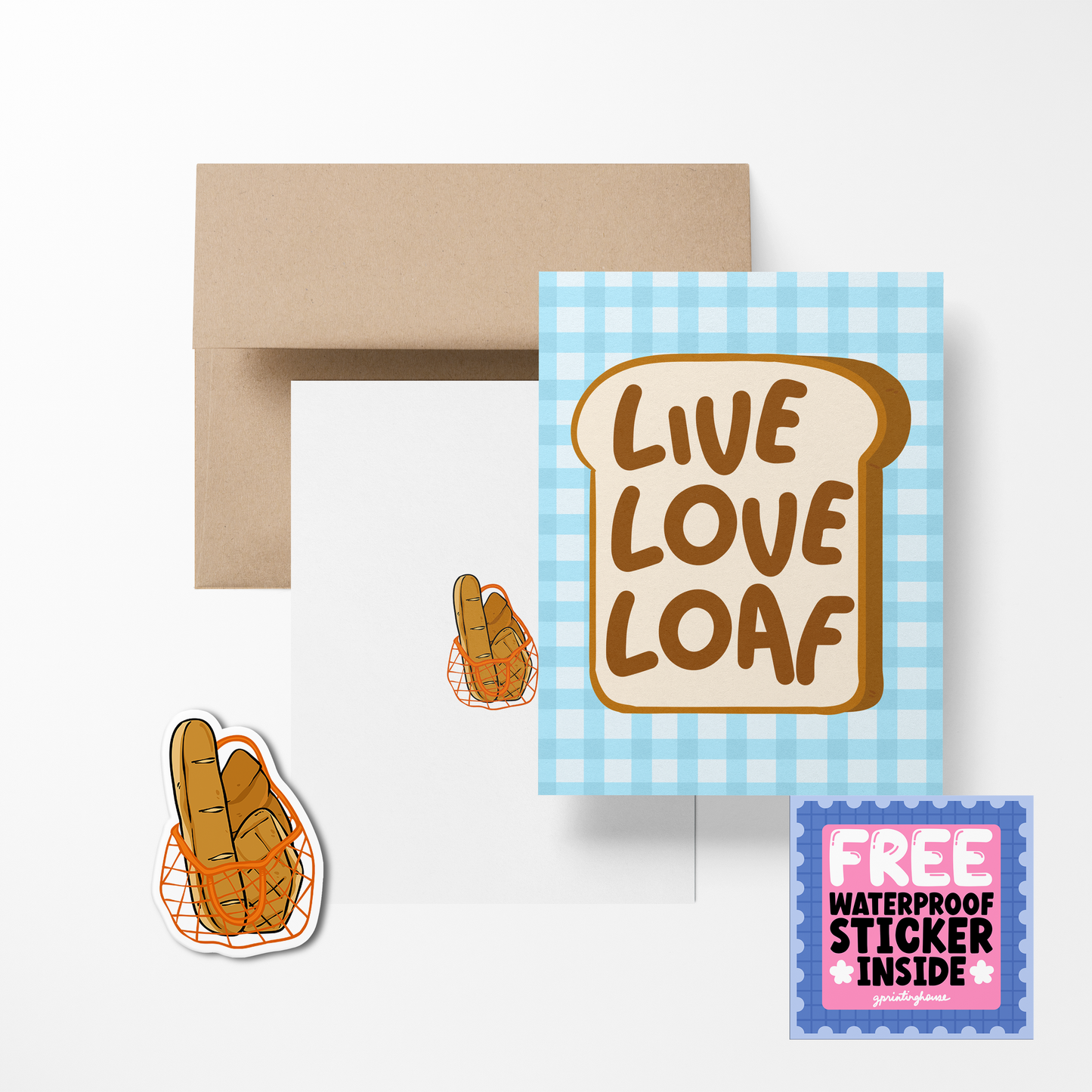 A greeting card with a bread slice design and the text 'LIVE LOVE LOAF', accompanied by a brown envelope and a free waterproof vinyl sticker, all displayed on a white background.