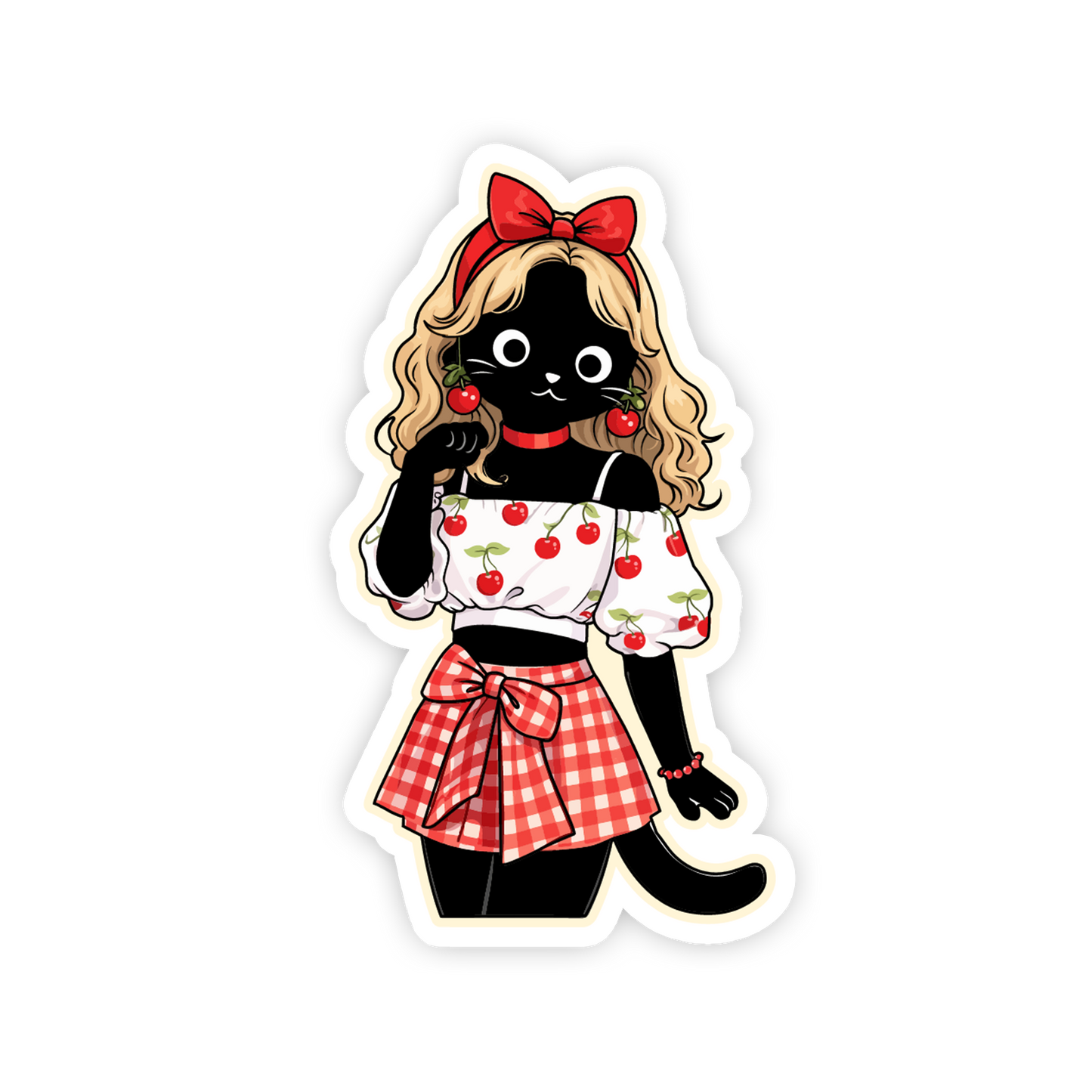Sticker of a black cat character with blonde hair, red bow, and cherry-themed outfit on a white background.