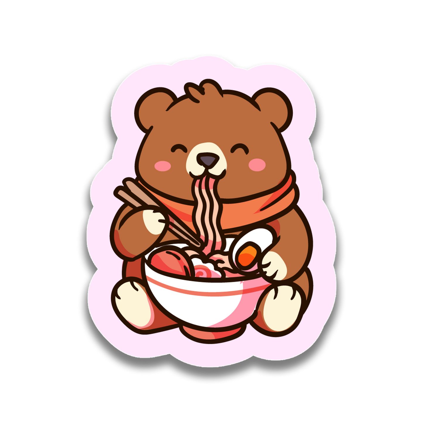 Sticker of a bear eating noodles with chopsticks on a white background