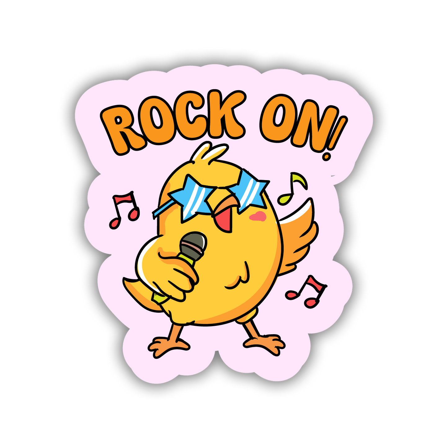 Cartoon character with sunglasses and 'Rock On!' text on a pink background
