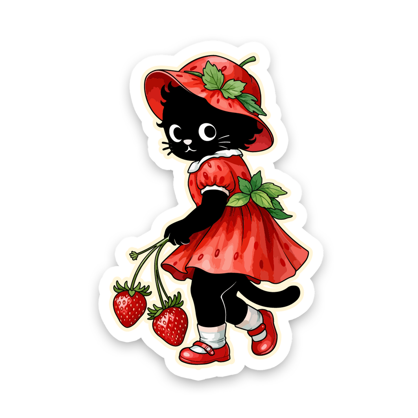 Sticker of a black cat in a strawberry dress holding strawberries on a white background