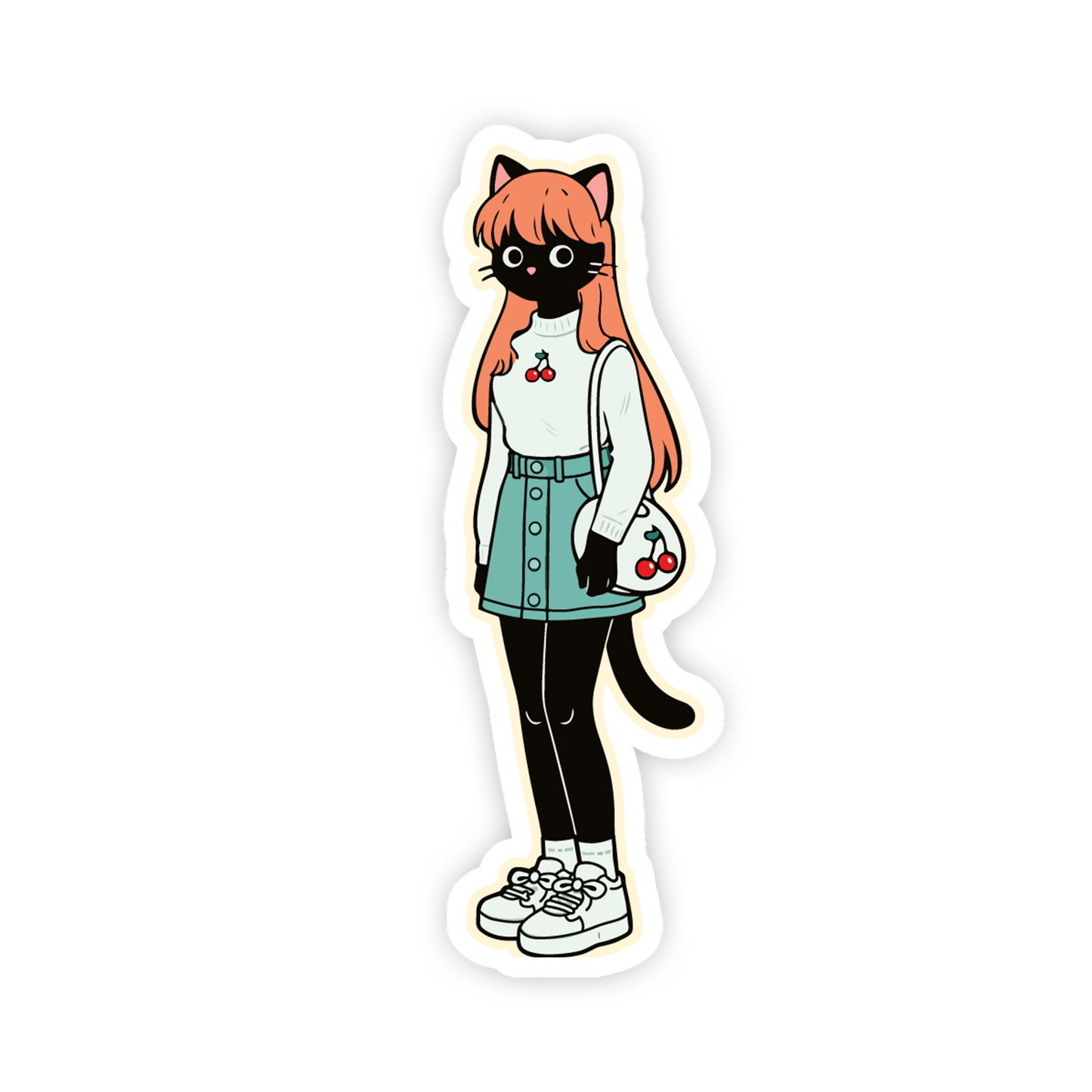 Sticker of a person with cat ears and a black cat face, wearing a white shirt, green skirt, and holding a cherry bag on a white background.