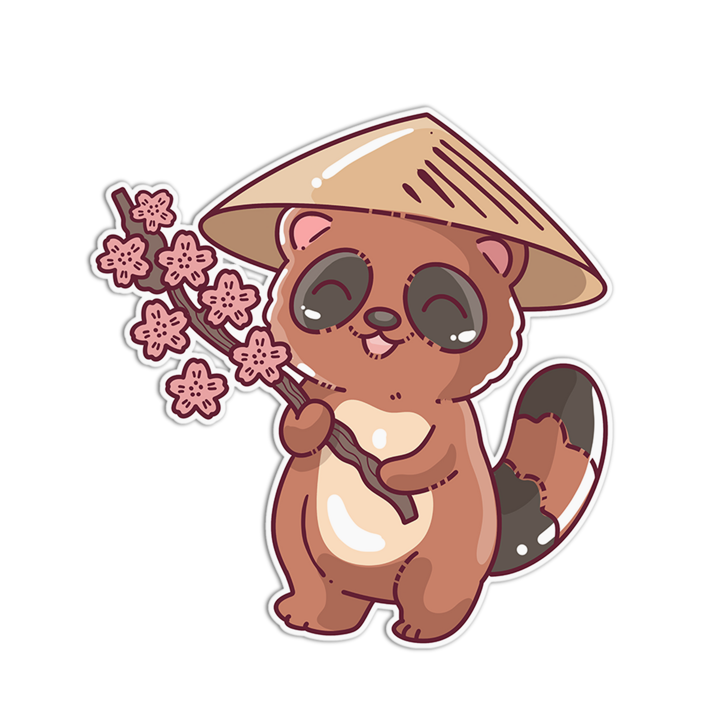 Cartoon raccoon wearing a straw hat holding cherry blossoms on a white background