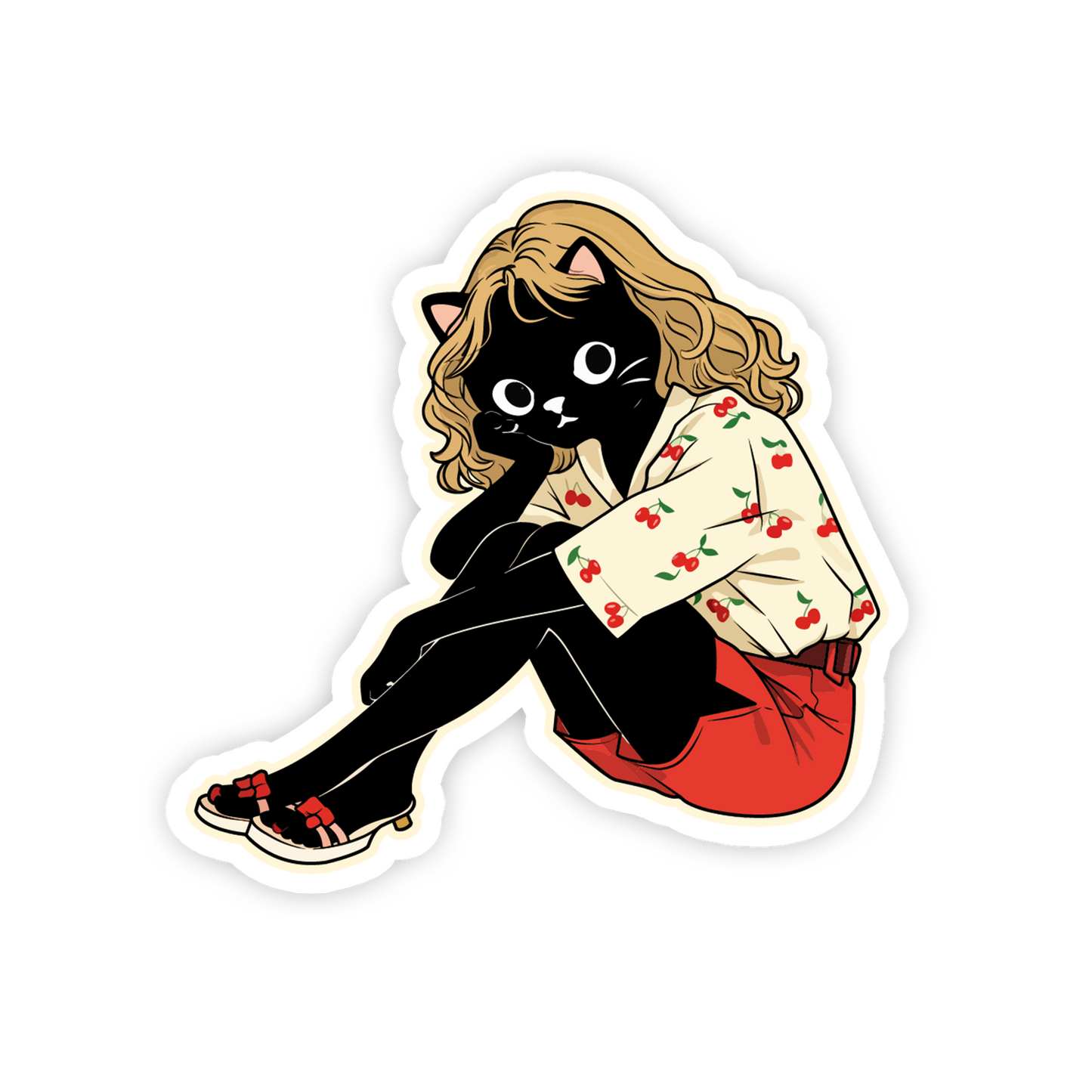 Sticker of a black cat with a human body wearing a floral blouse and red skirt on a white background.