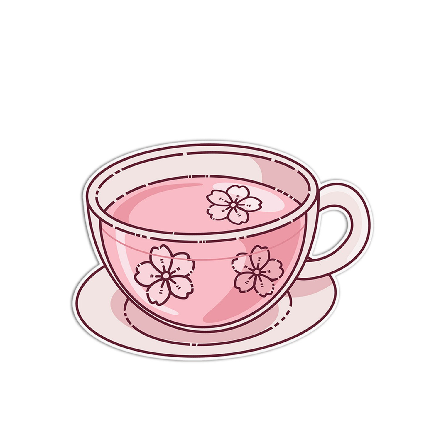 Pink teacup with cherry blossom design on a white background