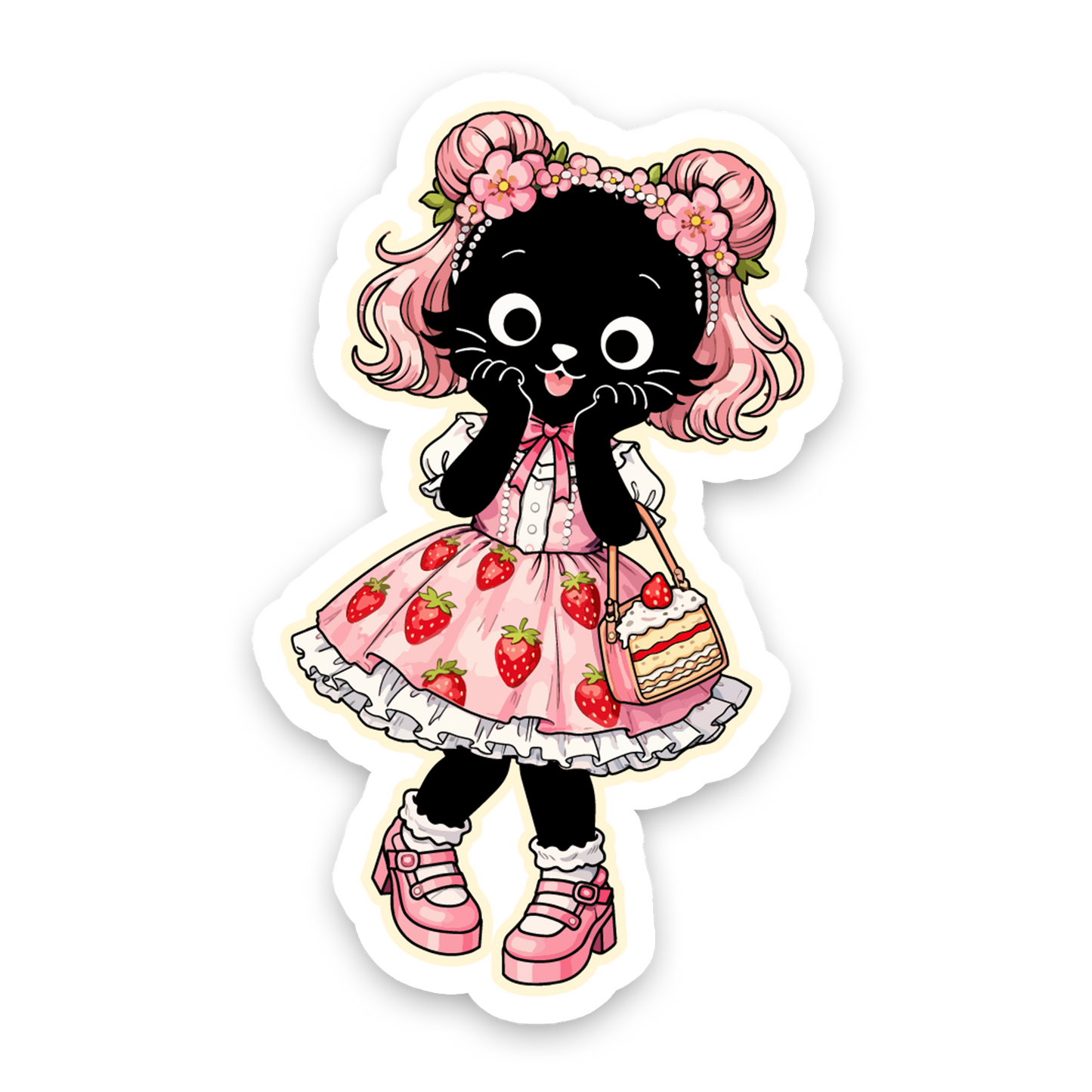 Cartoon cat character with pink hair and a strawberry dress on a white background