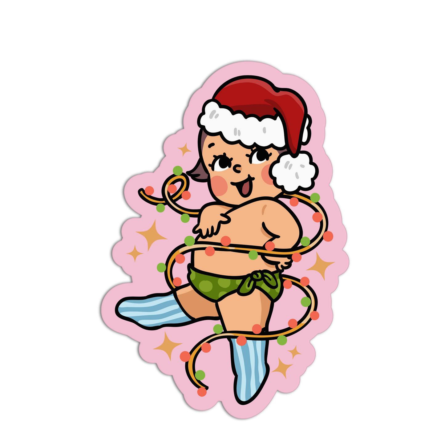 Cartoon character wrapped in Christmas lights with a Santa hat on a pink border