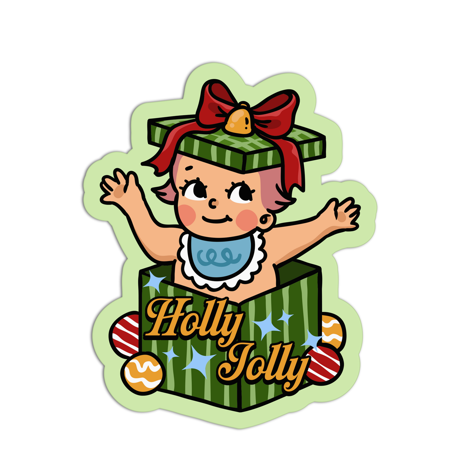 Illustration of a child in a gift box with 'Holly Jolly' text on a white background