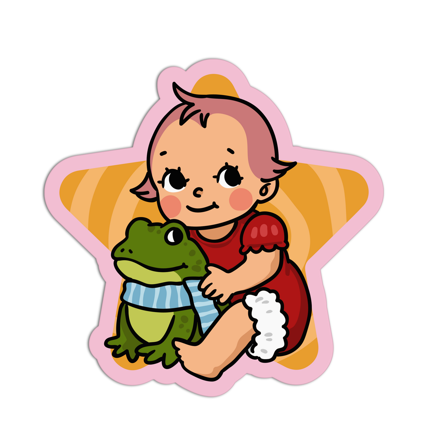 Illustration of a child holding a frog on a star-shaped background