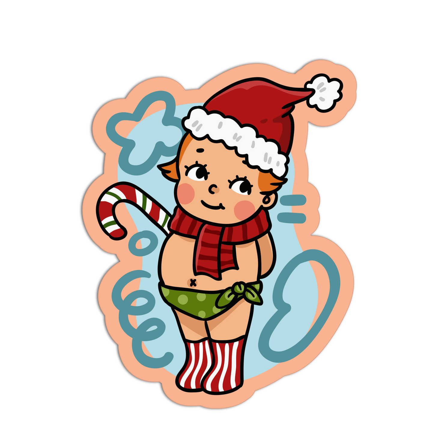 Illustration of a child in Christmas attire holding a candy cane on a white background