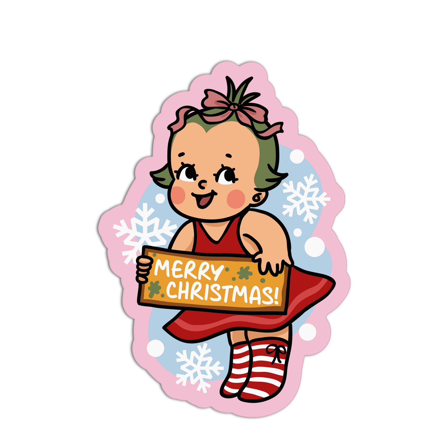 Illustration of a child holding a 'Merry Christmas!' sign with snowflakes on a white background.