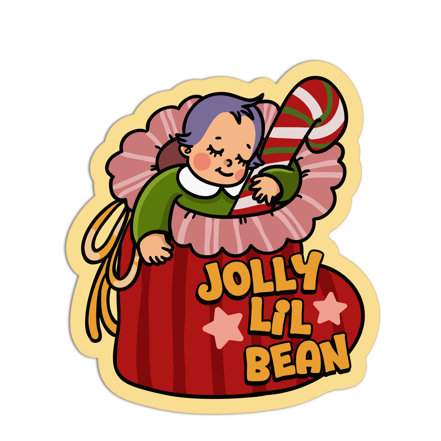 Illustration of a character in a red bag with 'Jolly Lil Bean' text on a white background