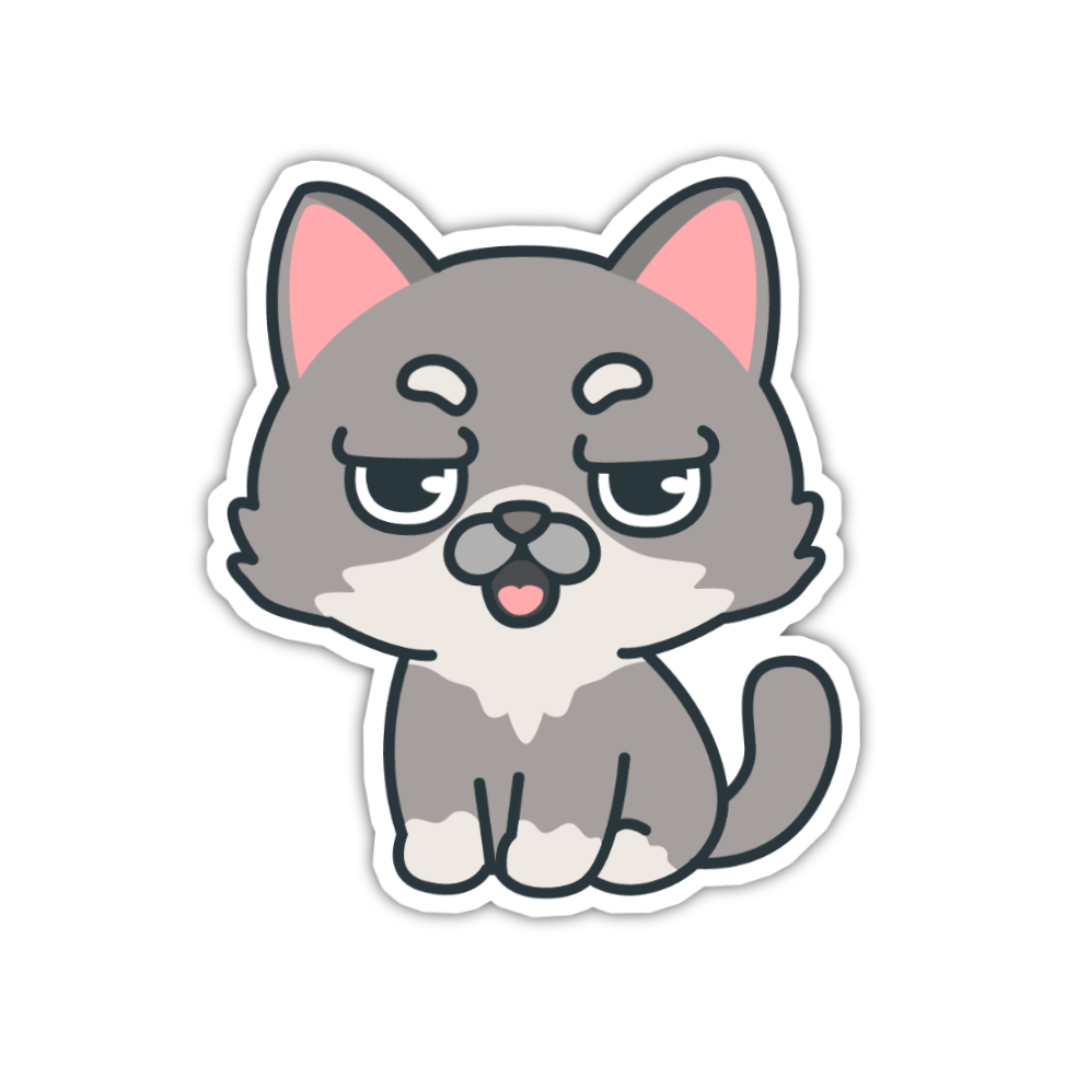 Cartoon cat sticker with a sad expression on a white background
