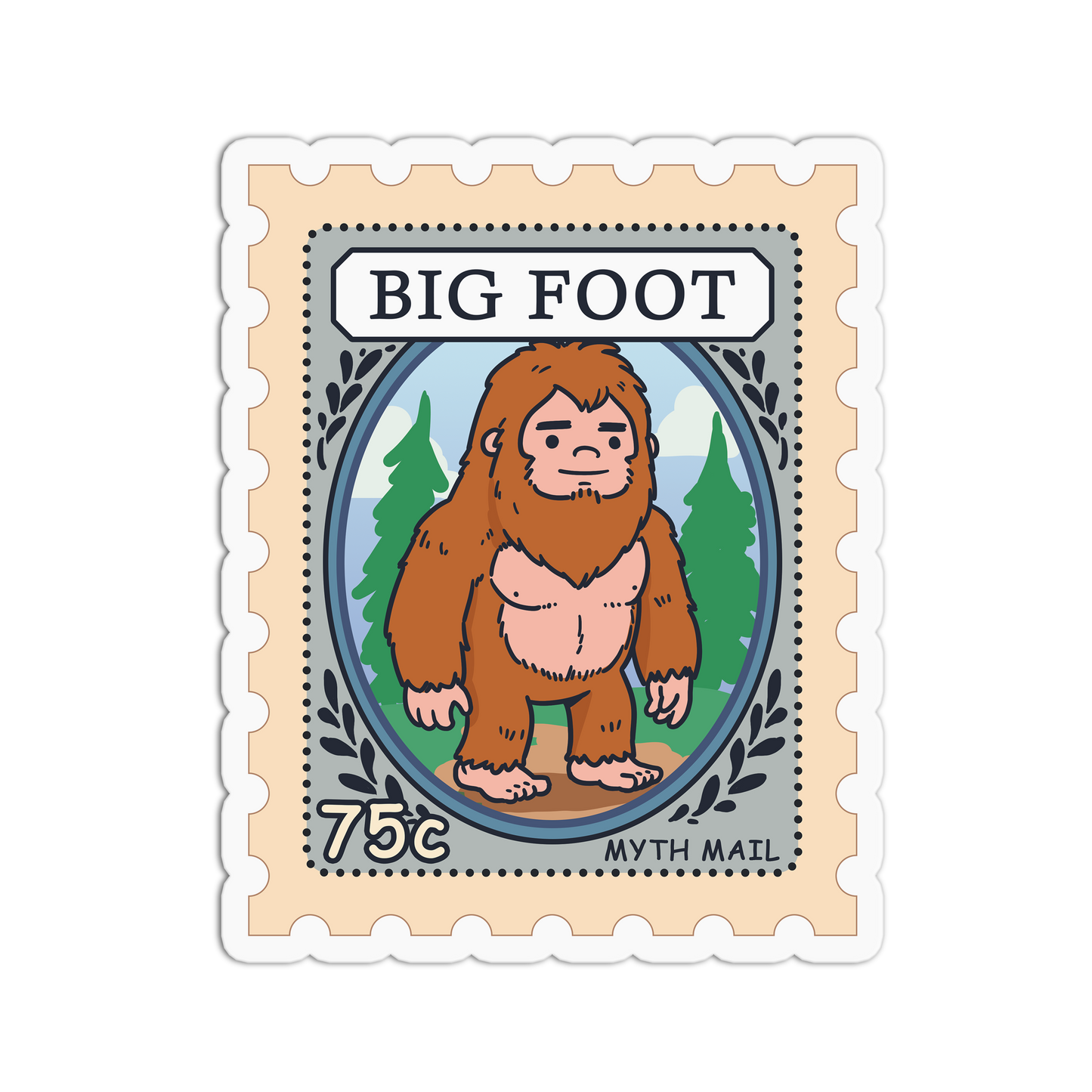 Sticker design resembling a postage stamp with a cartoon Bigfoot character and 'BIG FOOT' text.
