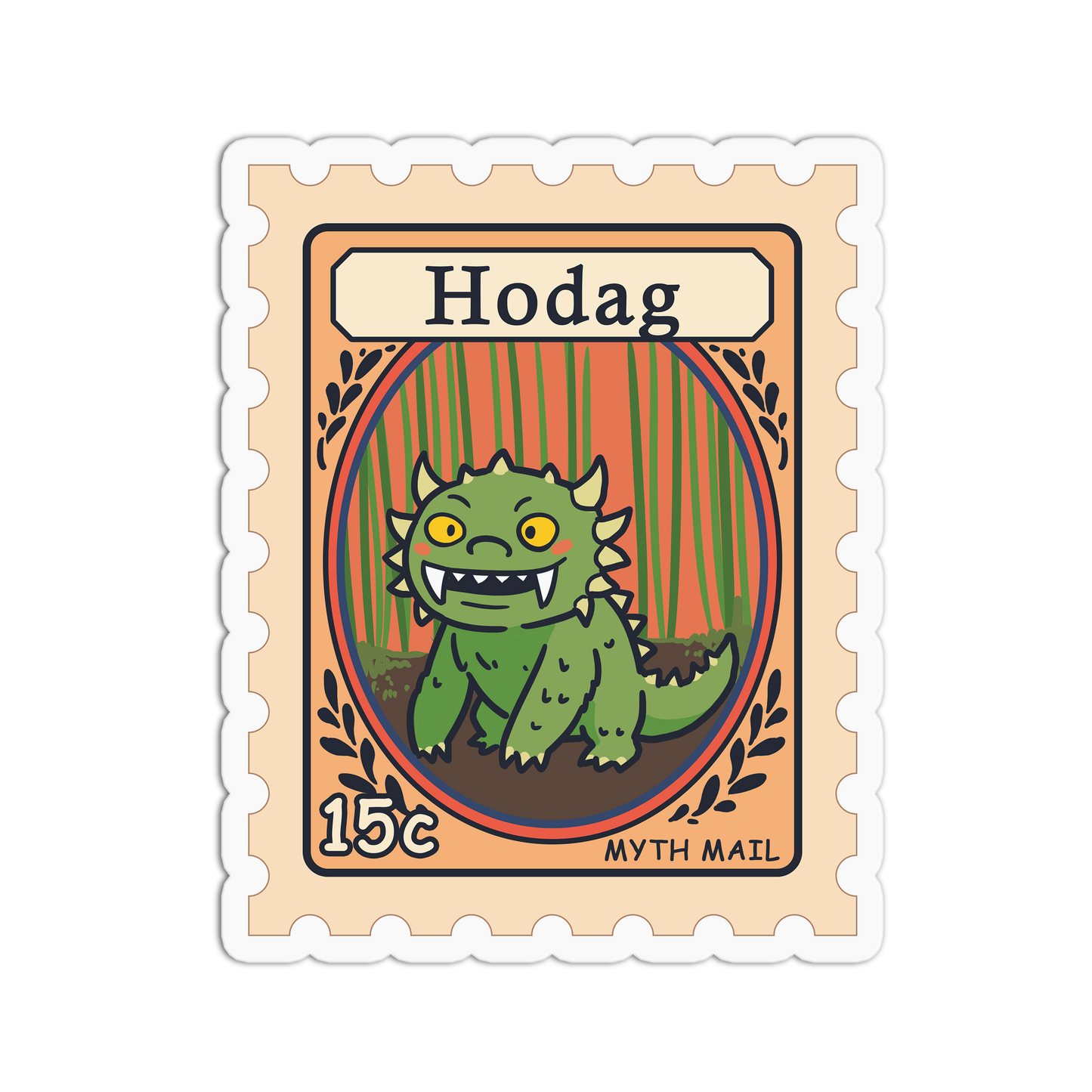 Stylized postage stamp featuring a green creature with 'Hodag' text on a beige background