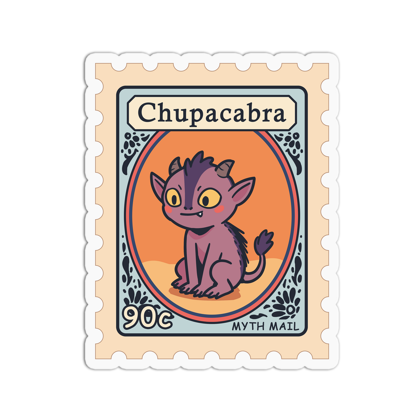 Sticker design resembling a postage stamp with a chupacabra illustration and 'Myth Mail' text.