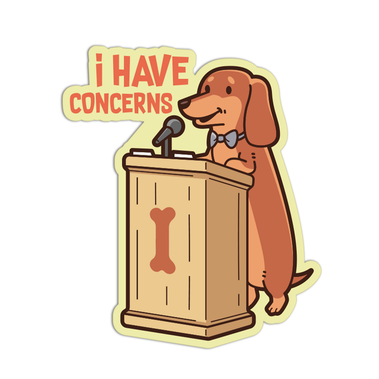 Dog at a podium with 'I have concerns' speech bubble on a white background