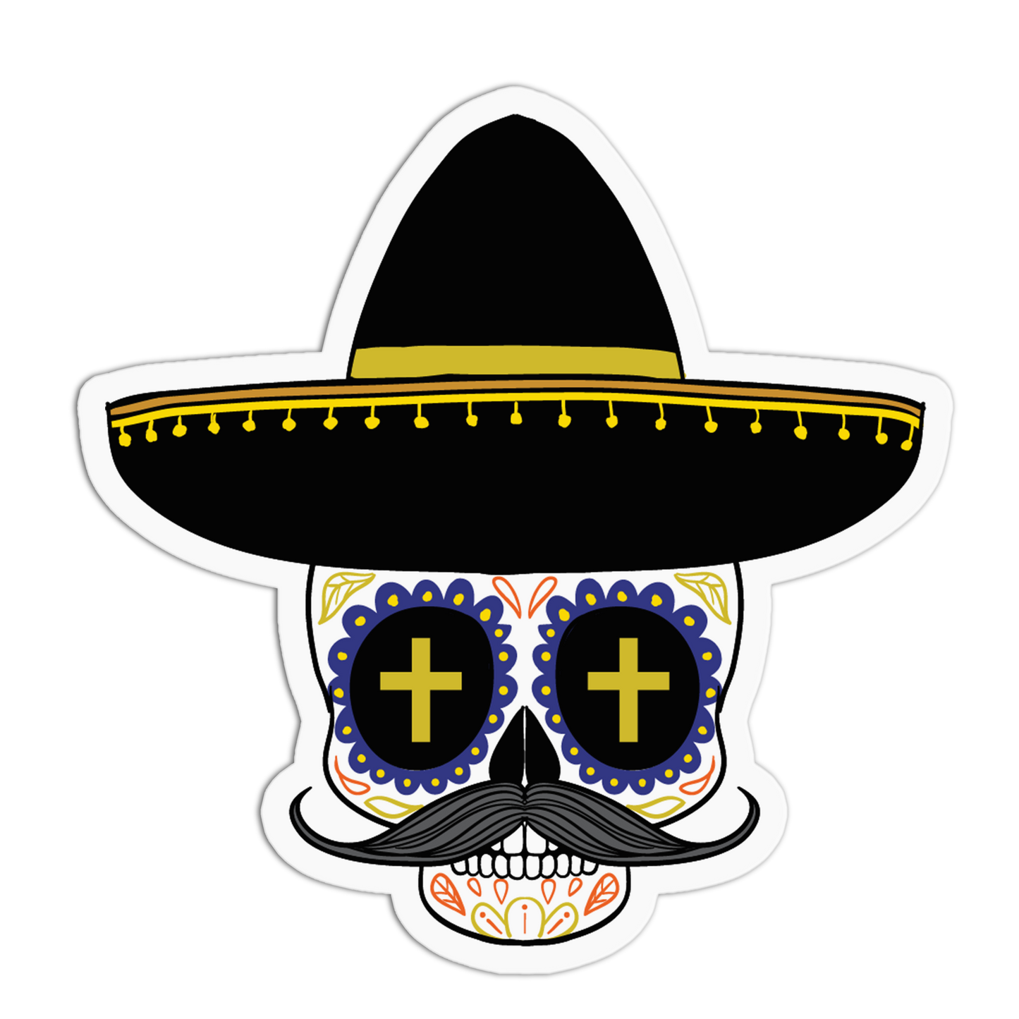 A die-cut sticker featuring a stylized sugar skull wearing a black sombrero with yellow trim and a black mustache, isolated on a white background.