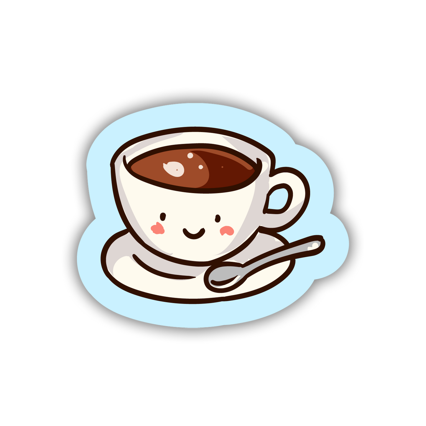 Cartoon coffee cup with a smile on a light blue background