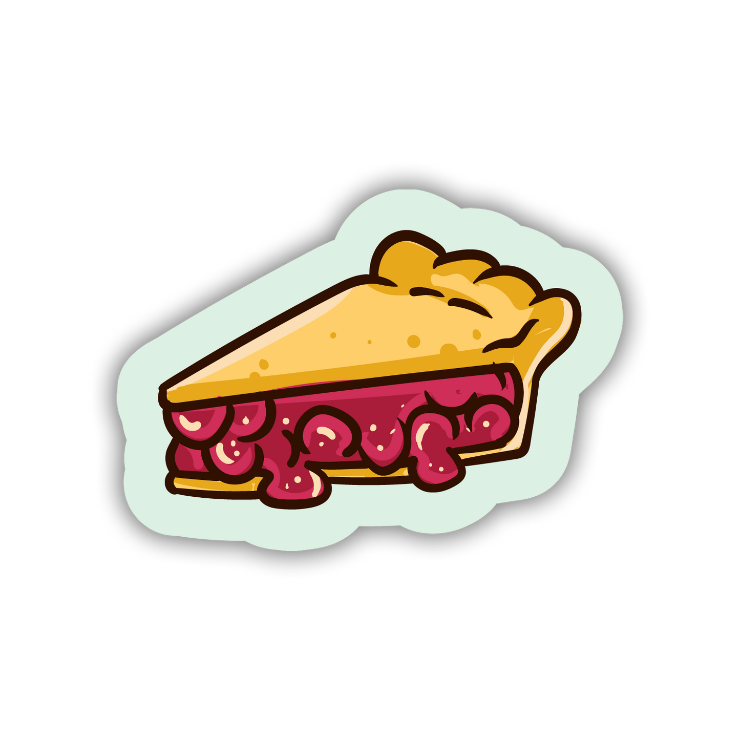 Sticker of a slice of cherry pie on a light green background
