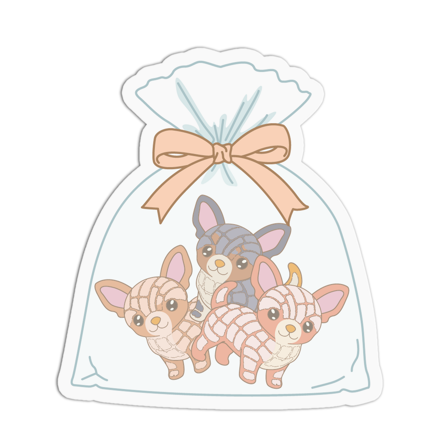 Sticker with three cartoon dogs in a clear bag with a pink bow on a white background