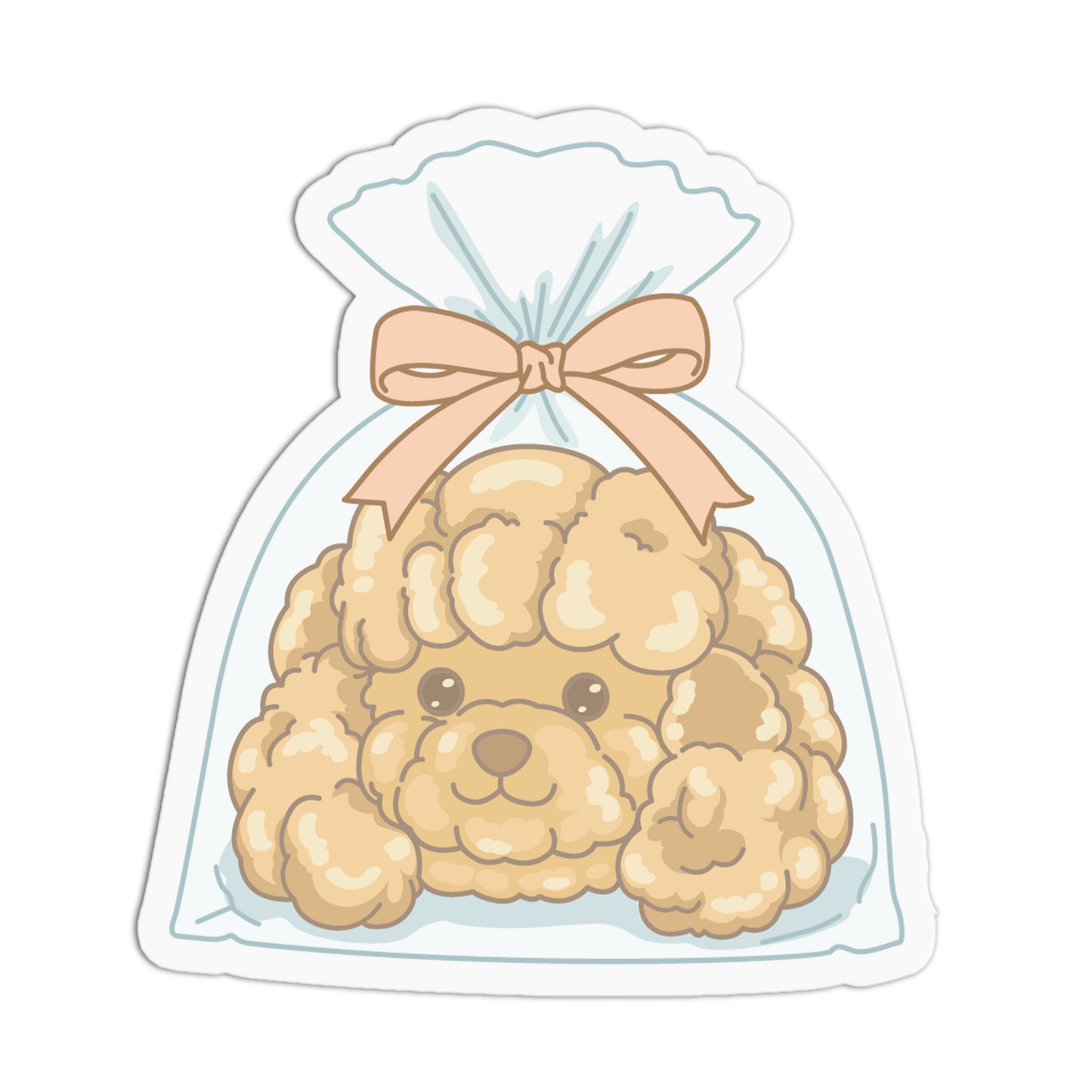 Sticker of a fluffy dog toy in a clear bag with a pink bow on a white background