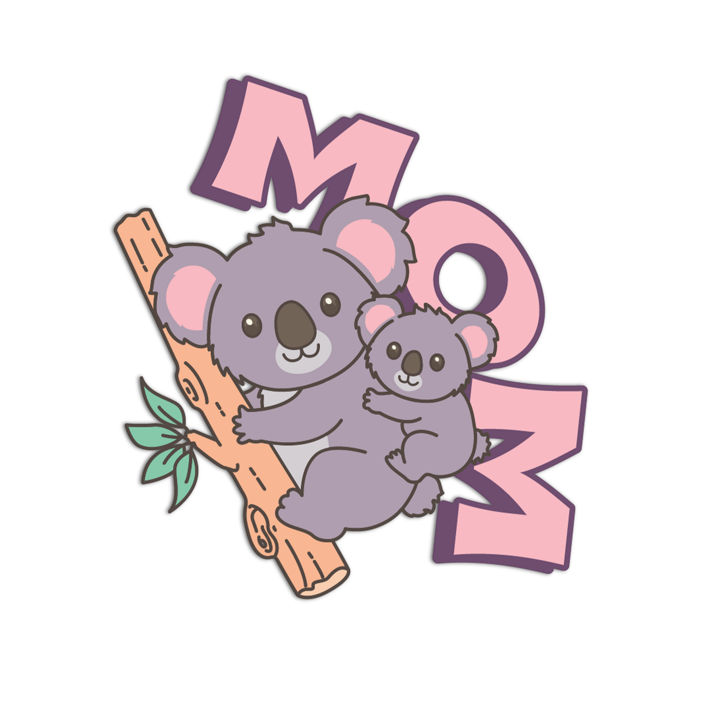 Cartoon koala and baby on a branch with 'MOM' text