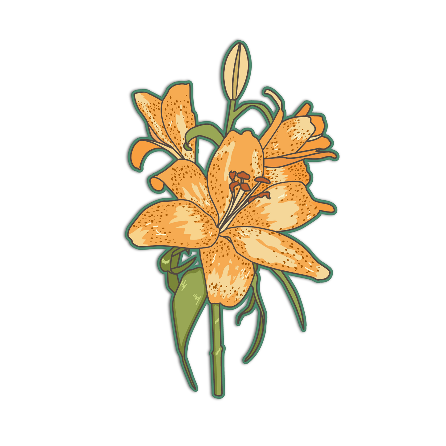 Illustration of an orange flower with green leaves on a transparent background