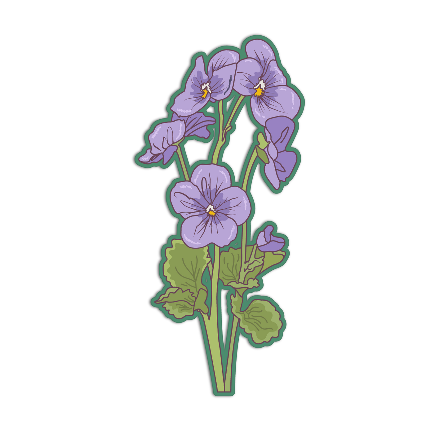 Sticker of purple flowers with green leaves on a white background