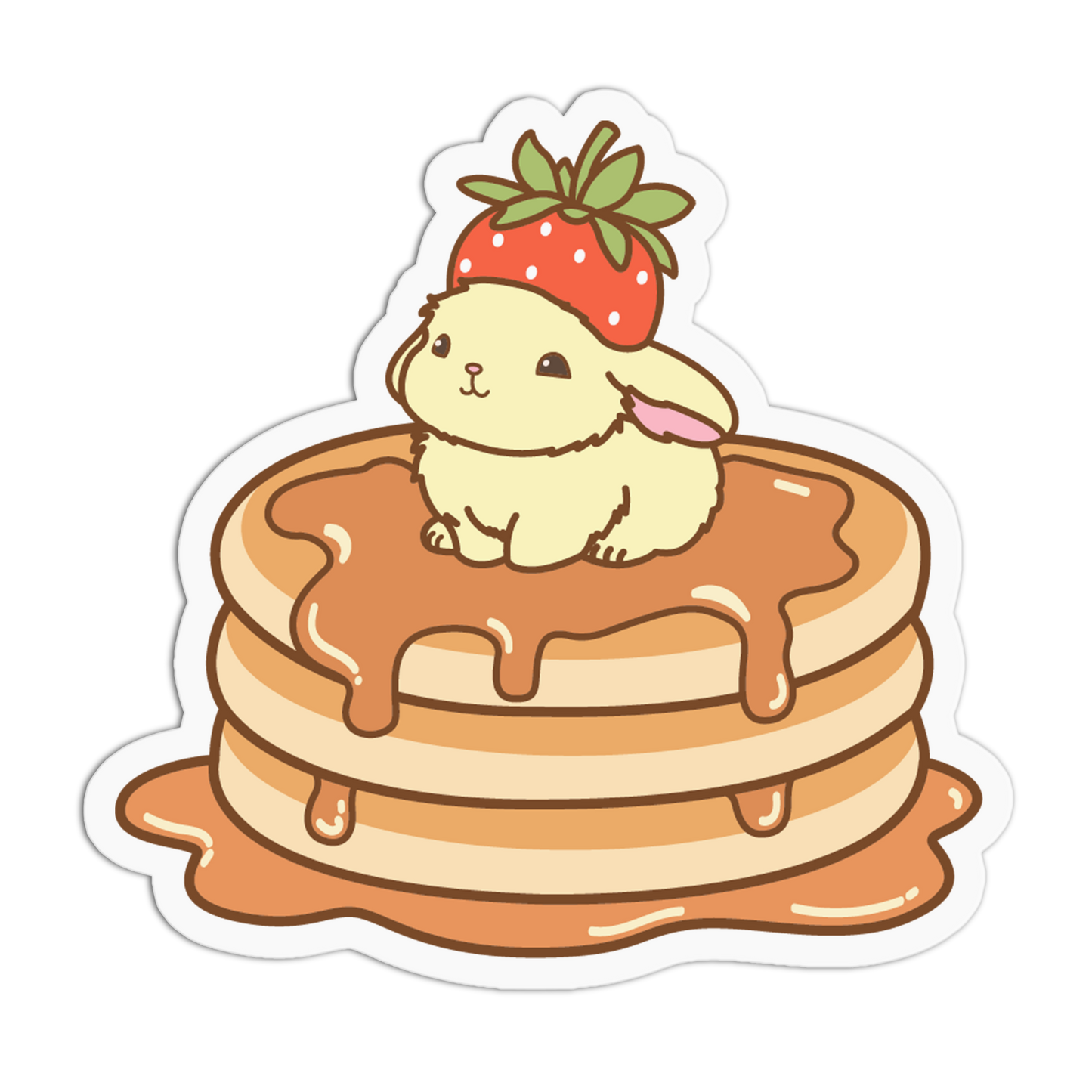 Cartoon bunny with strawberry hat on pancakes with syrup
