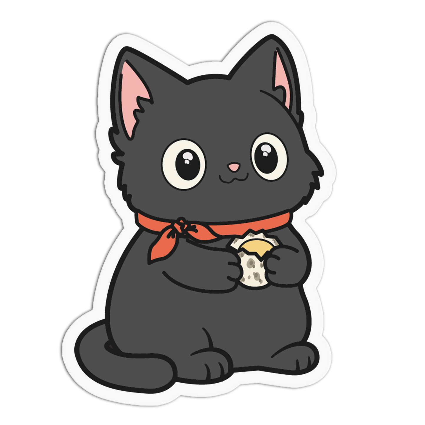 Sticker of a black cat with a red ribbon and paw print charm on a white background