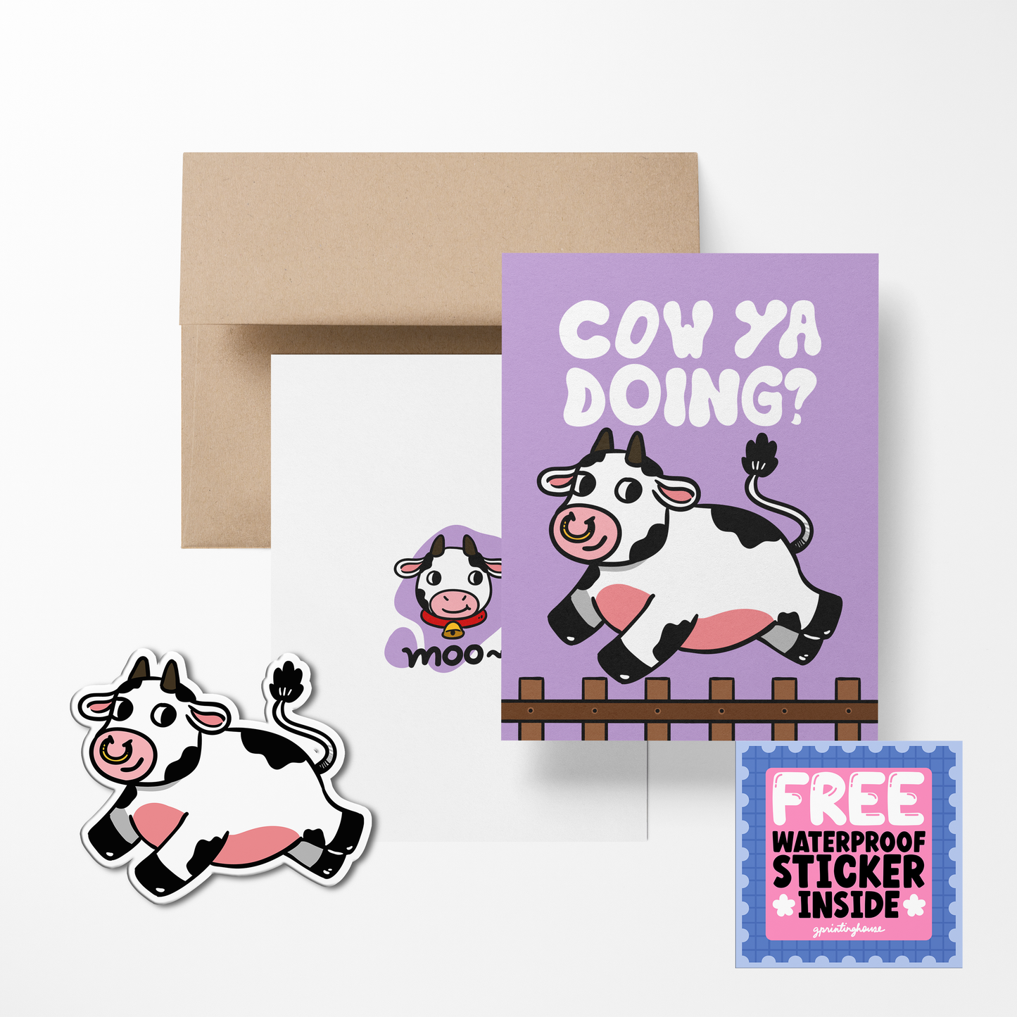 A greeting card with a cow illustration and the text 'COY YA DOING?' accompanied by a waterproof sticker depicting a similar cow design. A brown kraft paper envelope and a clear cellophane bag are also shown.