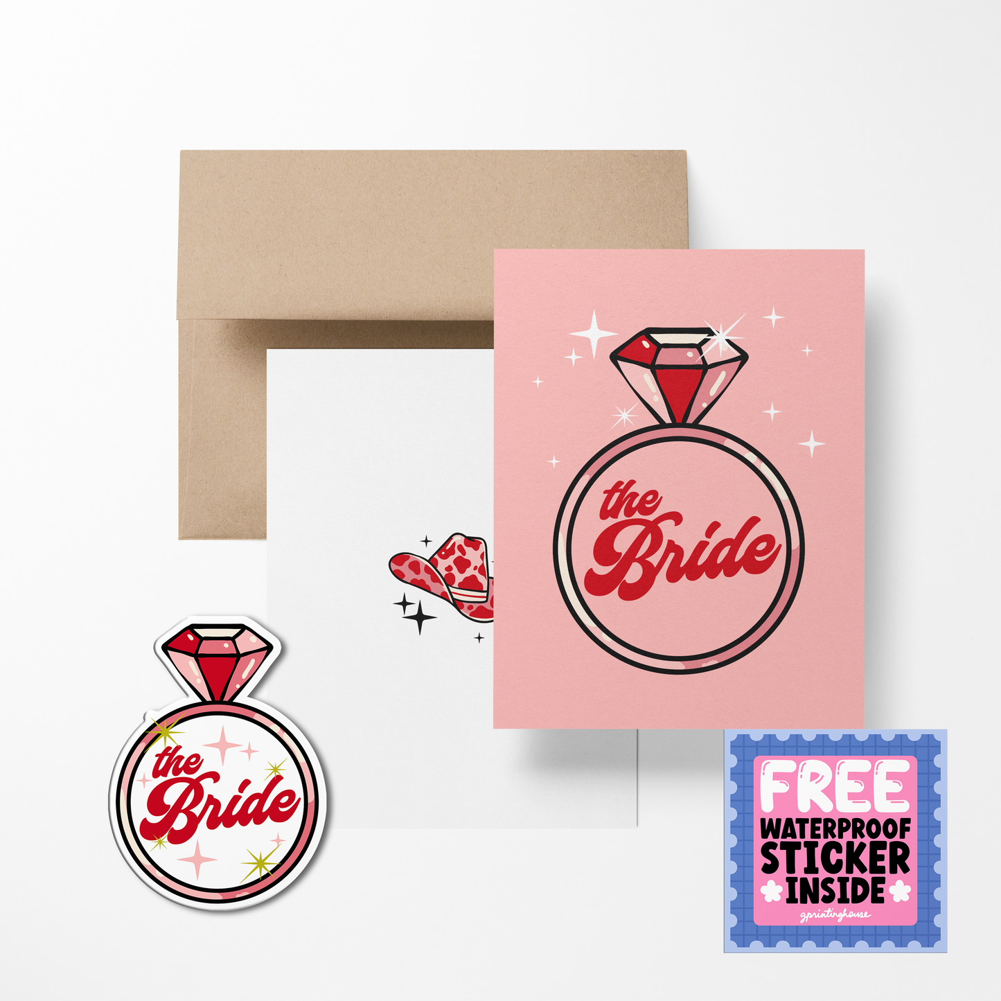 A greeting card with a pink background featuring the text 'the Bride' in a decorative font, surrounded by sparkle illustrations, with an envelope and a waterproof sticker included.