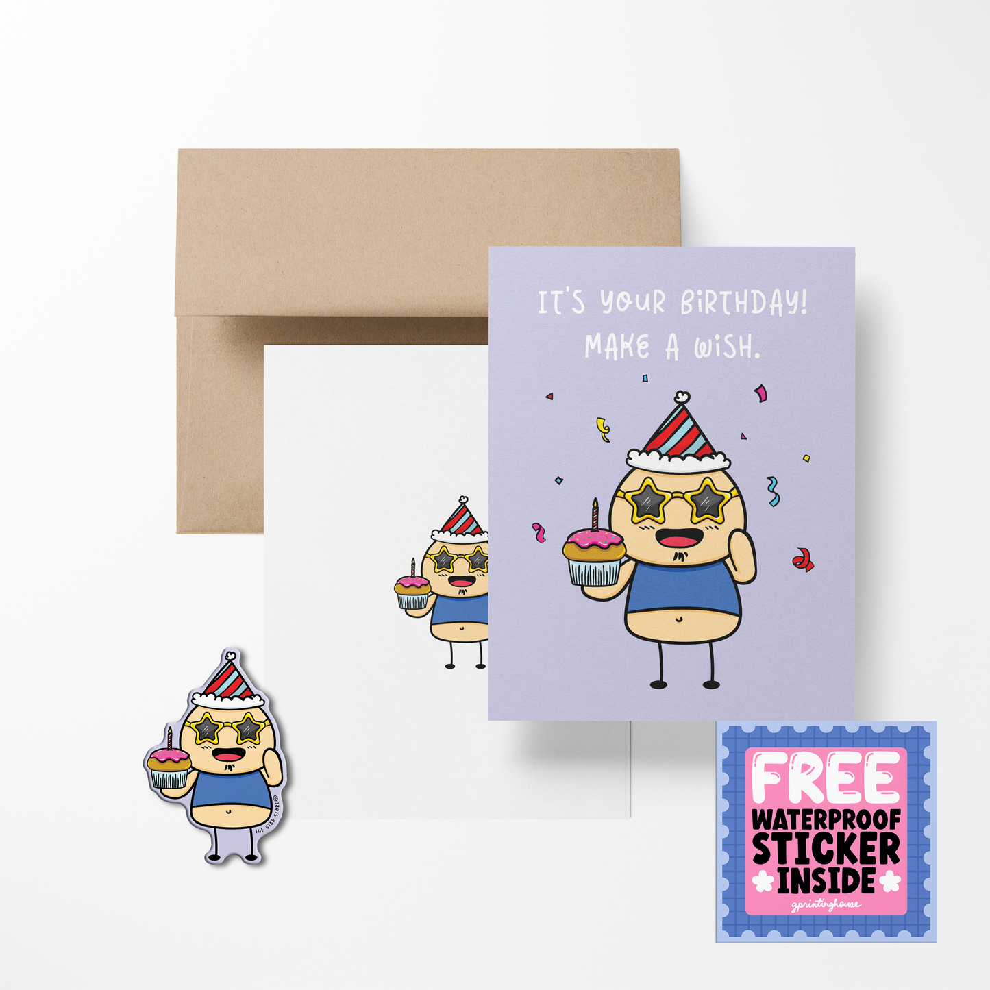 A birthday greeting card with a cartoon potato character wearing a party hat, accompanied by a free waterproof vinyl sticker, presented with a kraft paper envelope.